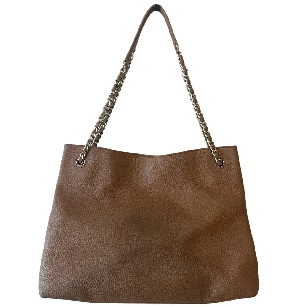 Tory Burch Pebbled Leather Chain Tote Brown‎ Camel Slouchy Bag